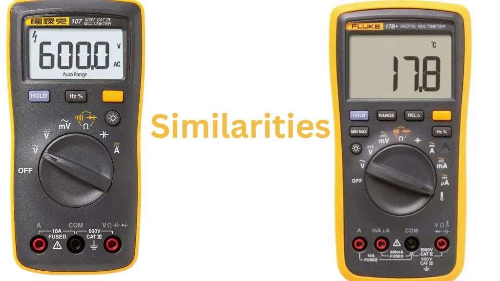 (Fluke 107 vs 15b+)similarities